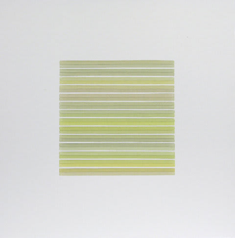 A series of fourteen horizontal lines in shades of green separated by thin white lines against a white background. Each line has a thin brown line running horizontally through its center.