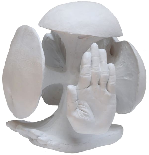 Sculpture made out of white casts of the artist’s hands feet stomach butt and scalp which are connected to each other by various stems which trace back to a central stalk at the center