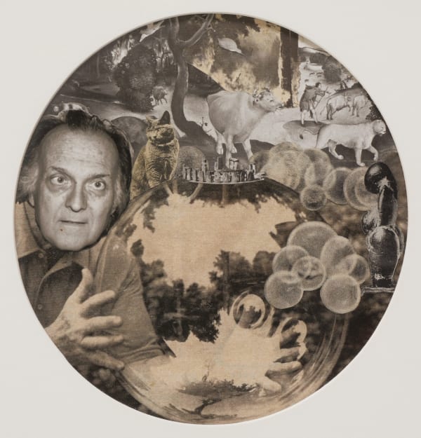 Greyscale and sepia tone tondo paper collage on beige background. Features a man, bubbles, and various animals.