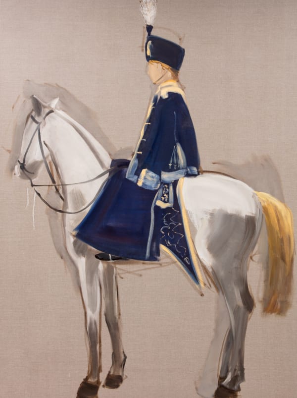 Young faceless man in blue ornate uniform sits on white horse facing the left.