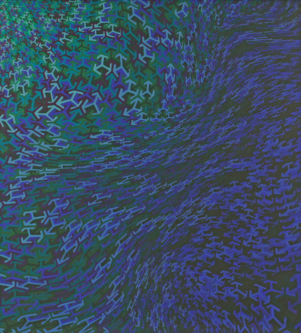 Dark painting with multi-hued green and blue asterisk shaped forms morphing and moving in waves against each other