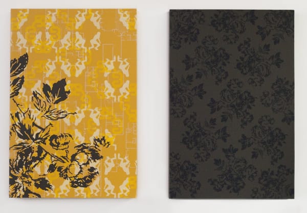 Two separate panels side by side, the right in all black and the other in black and yellow, hang on a white wall. Several layers of acrylic paint form multiple patterns on each and contain stereotypical asian iconography vegetal motifs and elements of the artist’s Asian American upbringing in the primarily white suburb of Orange County California