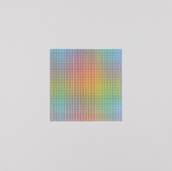 White grid lines cut through rainbow-colored square shape against white background.