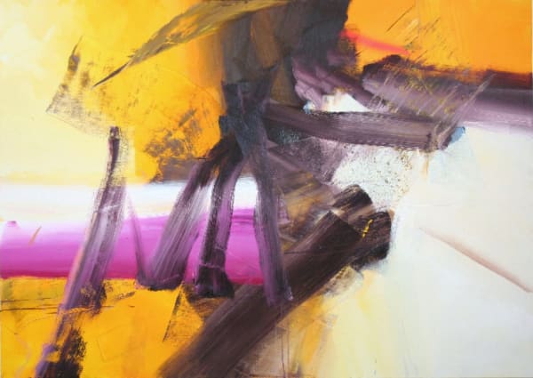 Big swaths of color in black, yellow, white and fuschia create the basis for an abstract design that primarily features textured brushstrokes in black.