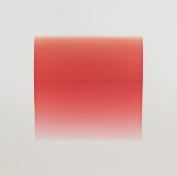Thin horizontal lines are painted in gradient hues from light orange to red and back to light orange again, creating a square color field. The gradient effect is created from the overlapping of the horizontal lines.