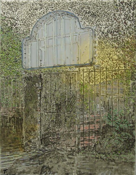 Metal fence and lit-up sign are seen from behind and are surrounded by an abstract foliage pattern in green and a golden glow.