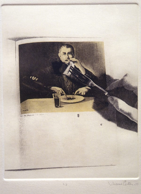 Dark photo etching depicting a book opened to an old yellowed image of a well dressed man with multiple hands eating at a dinner table. Hovering above the book a hand uses a fork like tool to dab the mouth of the man in the image with a tiny white napkin