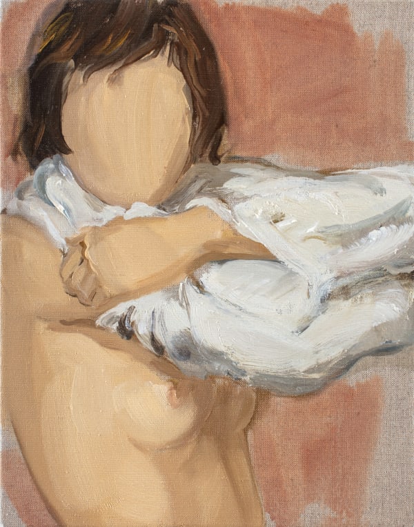 In front of an orange and exposed canvas background, faceless woman pulls on white shirt over exposed breasts. Her body beneath the chest is cropped out of the composition.