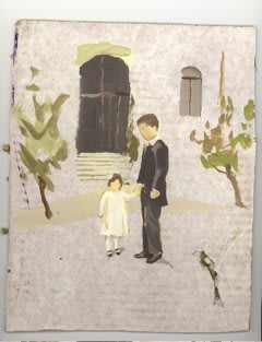 Faceless father in suit standing in profile view holds the hand of his young faceless daughter who is facing the viewer. Both stand in front of a house exterior painted on exposed cardboard background.