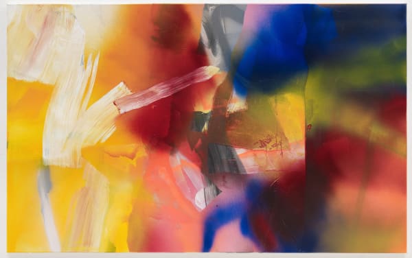 Multicolored background with predominant colors being yellow, red and blue. White textured brushstrokes and other colors overlaid on top.