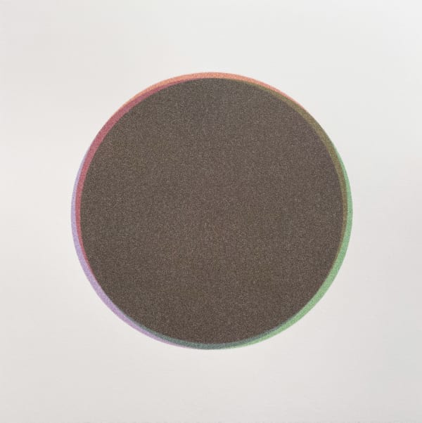 Rainbow colored ring surrounds the perimeter of a brown circle made of tiny dots against white background.