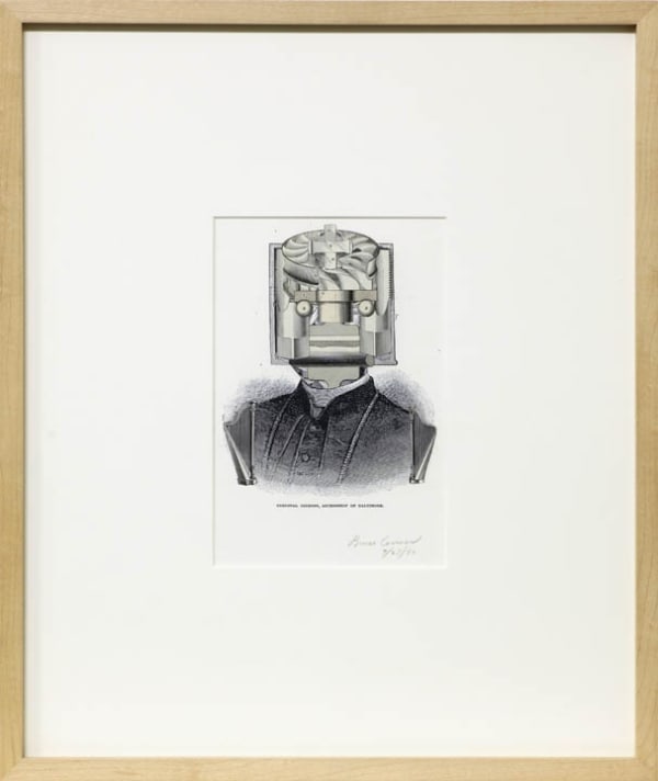 Black and white collage made from nineteenth century engravings The collage depicts a image of an archbishop whose head has been replaced with a large mechanical object and whose shoulders have been cut off by two small harps At the bottom of the juxtaposed portrait the caption Cardinal Gibbons, Archbishop of Baltimore. can be read