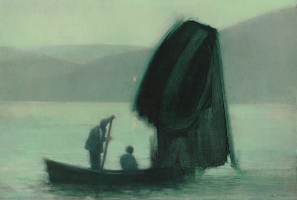 Canoe holds two men, one standing and rowing and one seated. Mountains rise above sea in the background and front of canoe is obscured by floating black brushstroke.
