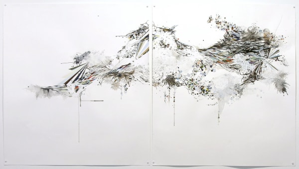 Abstract mixed media diptych of a dominantly black and earth toned cloud form made out of various organic shapes, dots and waves, paint splotches and drips, and patterns reminiscent of scientific molecular diagrams. The cloud form is located at the upper center of the piece and surrounded by white negative space