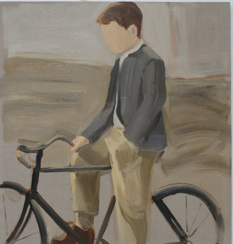 Young faceless boy wearing coat and khakis depicted in profile view sits casually on bicycle with mountains in the background.