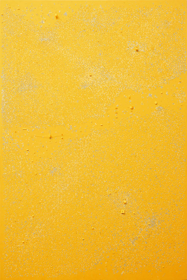 Marco Maggi ECONOMY OF ATTENTION (yellow), 2024 cut paper on paper on Dibond 36 x 24 in 91.4 x 61 cm