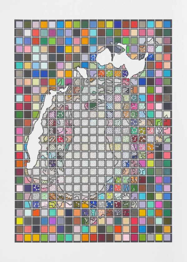 Vertical rectangular grid of bright multicolored squares. Central white and patterned space resembles a body of water.