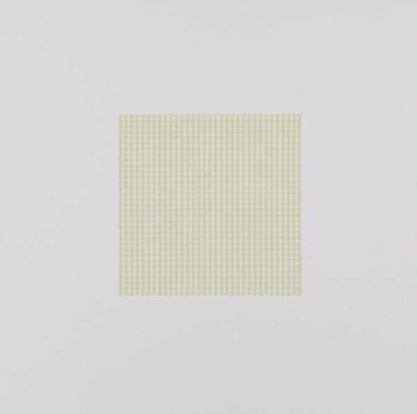 Horizontal and vertical soft tan and green lines create an intricate grid in a square shape against a white background.