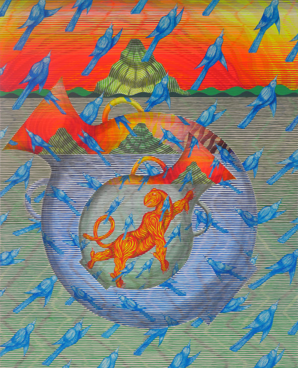 Multilayered figural painting. Center: a wide bellied, handled vase leans right. On the vase, an abstract, thick-bodied, yellow and orange striped lion stretches right and looks left over its shoulder with a slight smile and lazy eyes. Behind the lion, a grey and white striped background and a grey striped mountain in the distance with a yellow and orange striped sunset. A pattern of blue birds dart northeast within the boundaries of the vase. Behind the center vase is another, larger, wide-bellied and handled vase, tipped to the left. A blue and white striped background with two grey-green striped mountains in the distance. A yellow, orange, and dark red sunset is created with multilayered line work. A pattern of blue birds dart northwest within the bounds of the vase. Behind the second vase, line work and illusory highlighting creates both a horizontal linear and vertical zigzag background, with a green and grey striped mountain in the distance, with a circular radiating pattern superimposed upon it. A dark and light green wave at the base of the mountain creates the illusion of distant hills. Behind the mountain, line work and illusory highlights create a wavy, zigzag, and linear orange and yellow sunset. A pattern of blue birds dart northeast in the foreground.