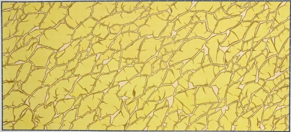 Multiple beige spiked lines allude to aggressive cracks and criss cross along the surface of the yellow inked paper