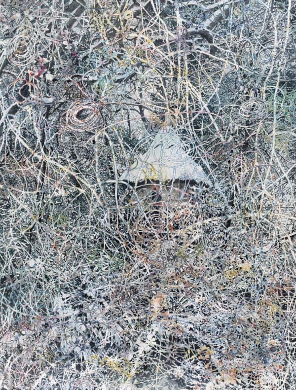 White and pastel lines swirl into tight curls and curve loosely across a dark background, almost completely covering the canvas in a thick web. Near the middle of the canvas, a white triangle is visible beneath the web.