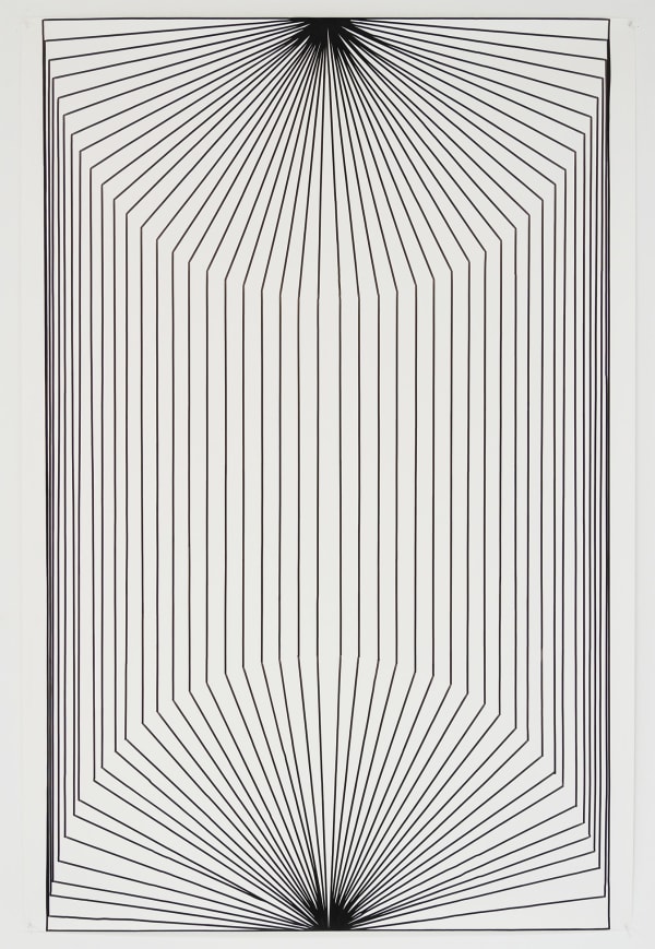 Straight black ink lines run the length of the paper and stop at different points to create a semi-circular fan shape at the top and bottom of the paper