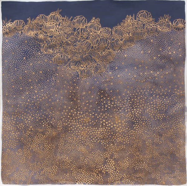 Mixed media piece of multiple golden contours of chrysanthemum buds floating on top of a multitude of golden dots against washes of deep royal blue. The golden dots increase in density towards the bottom of the piece