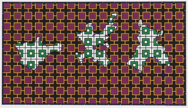 Three silhouettes of ambiguous shapes that allude to geographical land masses are filled by a grid of green and white squares In the background a series of dark purple squares are outlined and connected by yellow lines and are shown against a dark settingThree silhouettes of ambiguous shapes that allude to geographical land masses are filled by a grid of green and white squares In the background a series of dark purple squares are outlined and connected by yellow lines and are shown against a dark setting
