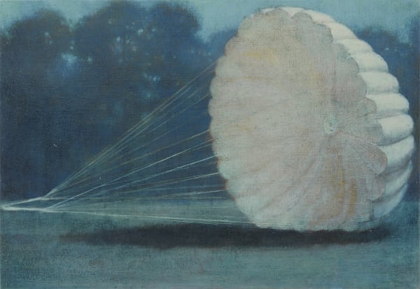 White parachute in front of a forest is pulled leftward by strings on a field.