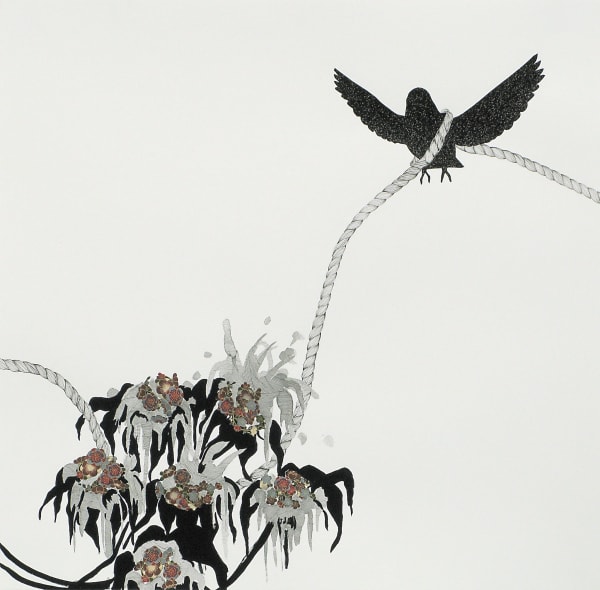 Mixed media abstract piece of a bouquet of five black and dark multi-colored flowers at the bottom left of the piece. A singular light gray braided rope flows through the bouquet and is tangled up in a black silhouette of a bird trying to fly away in the upper right corner of the piece