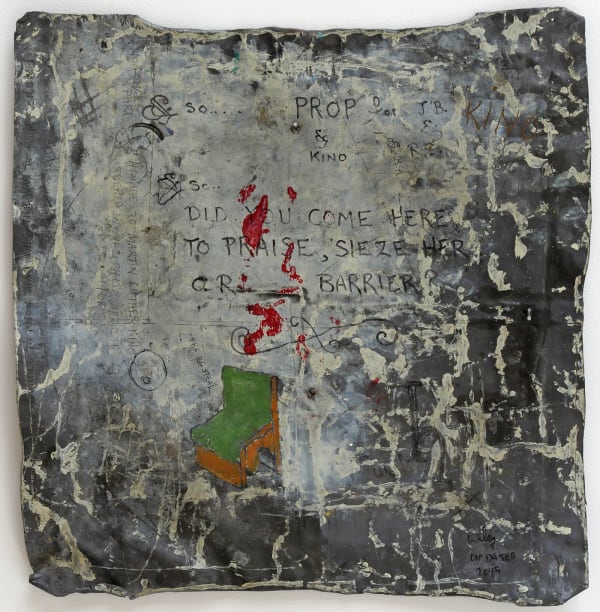 William T. Wiley Seize Her or Barrier Her, 2005/2015 acrylic on sheet lead 19 1/2 x 19 1/2 x 1 1/2 in 49.5 x 49.5 x 3.8 cm