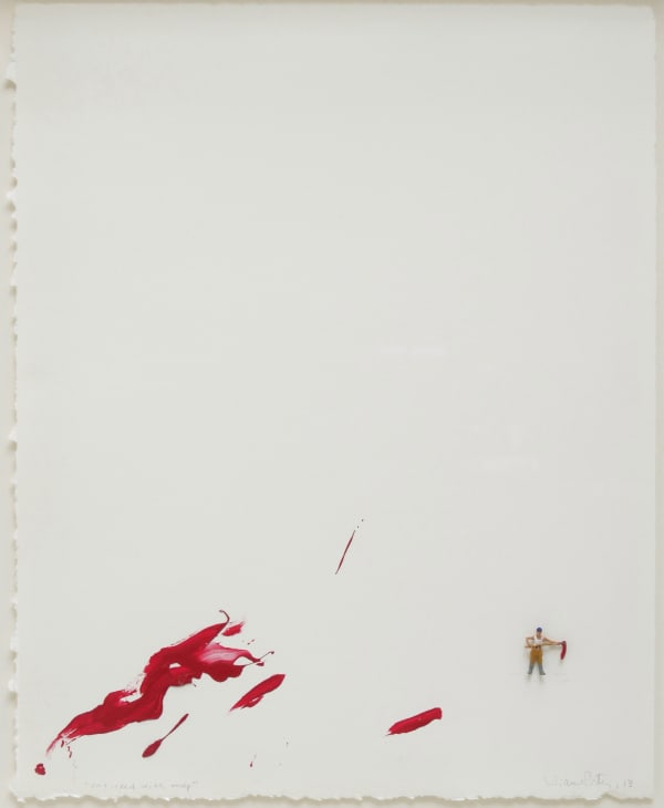 Splashes of red acrylic paint on the lower left corner of the paper. To the far right a tiny human figurine rings out a red stained mop and is assumed to be responsible for the red paint splatters