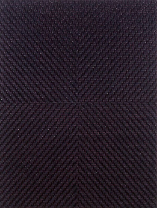 Heavily layered and textured black and pink oil paint on canvas creates an intricate woven pattern inspired by typical attire worn by Hillary Clinton