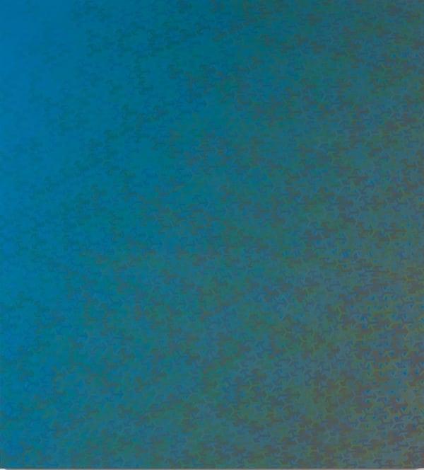 Dark, blue tinted painting with multi-hued blue and green asterisk shaped forms morphing and moving in waves against each other which then fade into blue as they approach the left side of the piece