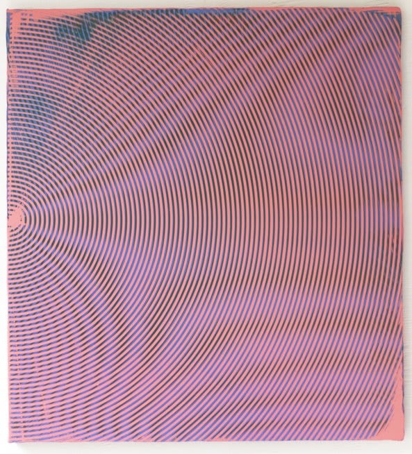 Pink orange and blue paint layered to create multiple wavy and circular moiré effects