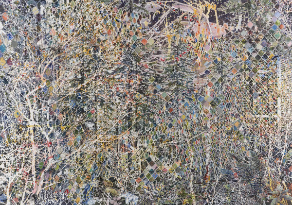 Busy composition is created with colorful diamonds and circles of many sizes. Colors are separated by white paint branching throughout entire canvas.