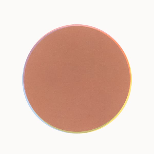 Rainbow colored ring surrounds the perimeter of a rust colored circle made of tiny dots against white background.