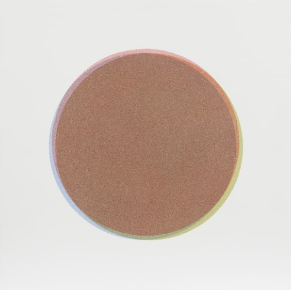 Rainbow colored ring surrounds the perimeter of an orange-brown circle made of tiny dots against white background.