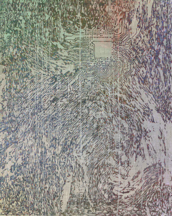 Against exposed burlap background, small dots create brushstroke-like whirls across the canvas, converging in the dots of a computer chip shape near the top right corner of the canvas.