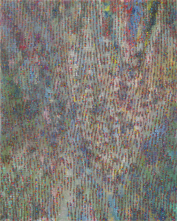 Front view of a multicolored abstract painting.