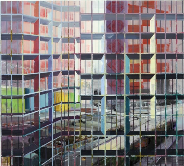 Multi-colored abstract urban landscape with several high rise buildings and empty streets A grid of alternating thin and thick horizontal and vertical lines form the illusion of foreground scaffolding