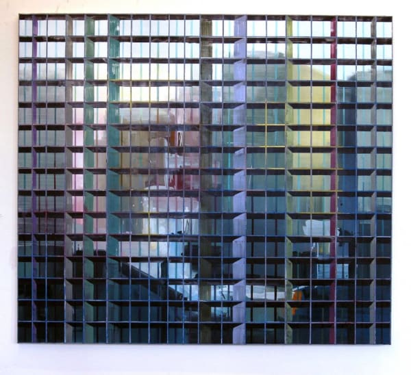 Blurry pale multi-colored landscape with faded shapes that allude to high rise buildings with a dark multi-colored grid of alternating thin and thick horizontal and vertical lines form the illusion of foreground scaffolding