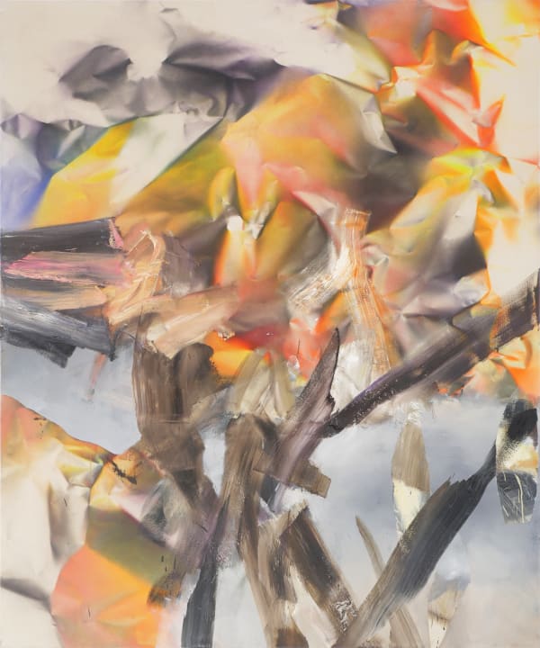 An orange green purple and red abstract shape mimicking a crumpled texture spans most of the upper half of the cream colored canvas. The central part of the lower half is covered by wide painterly brush strokes mostly in white and grey