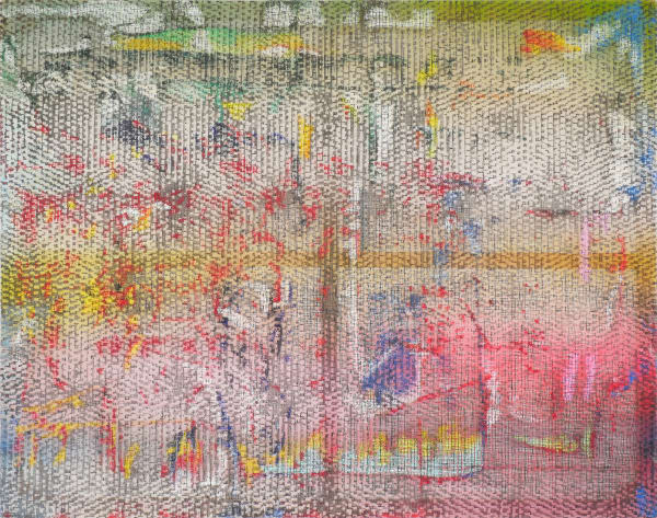 A bright, multicolored abstract painting.