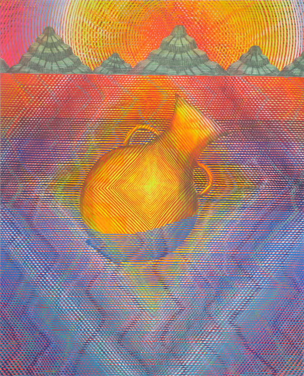 A wide-bellied, handled vase tilts right and floats in a sea of neon, overlapping, radiating diamonds. A range of grey-green striped mountains looms in the distance, with a sunset of overlapping, radiating circles behind it.