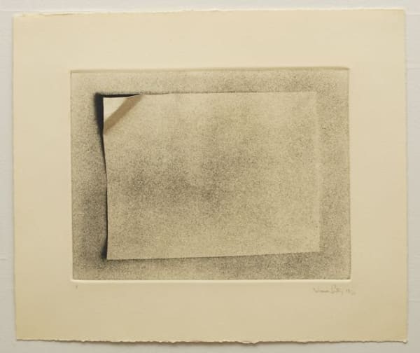 Dark grainy etching depicting a piece of white paper whose upper left corner has been folded twice to make two wrinkles