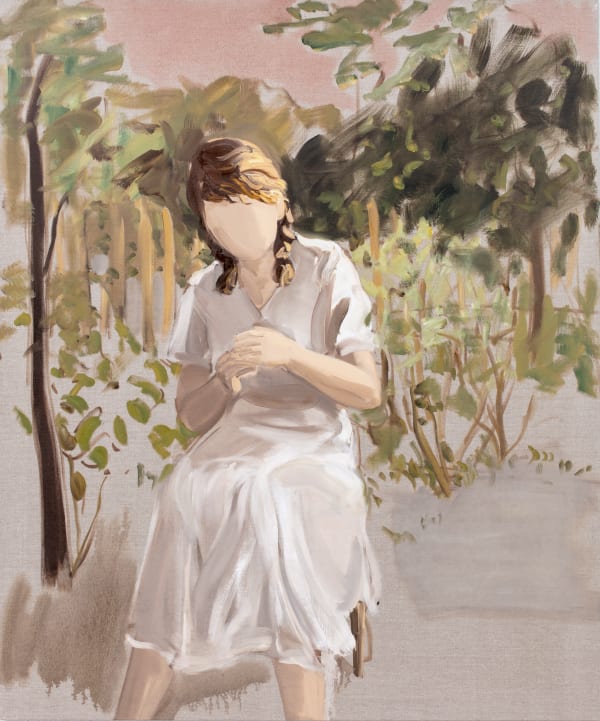 Faceless woman wearing white dress sits on chair in forest, gazing at her hands.
