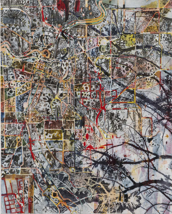 On a pastel background, dark multicolored lines create an intricate and disorganized grid. Black branches creep into the canvas from the bottom right.