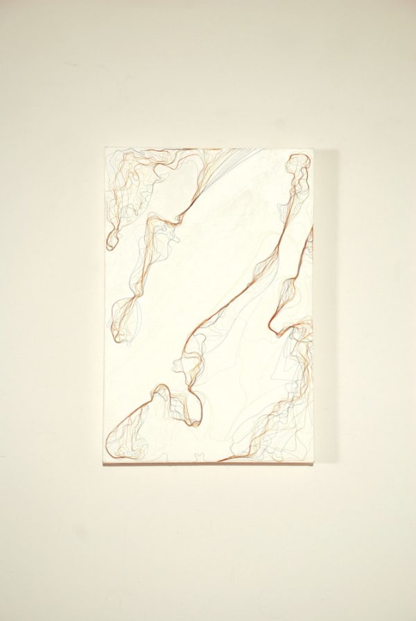 Four different strands of fine multi-colored thread are pasted onto a white painted canvas and travel from the upper right to the bottom left of their respective section On the ends and in parts of the strands’ centers the threads spread out in swirls and coil