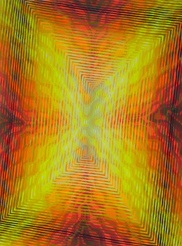 Yellow X shape surrounded by red and orange background and layered with multi-colored rectangle shapes emanating from center of canvas.
